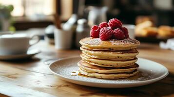 Breakfast table with a stack of buttermilk pancakes on a white plate, photorealistic food photo