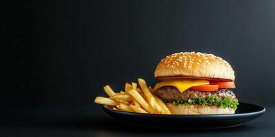 Burger and fries served on a ceramic plate, photorealistic food photo