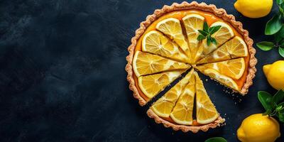 Circular tart filled with bright lemon mixture, cut into wedges and displayed, photorealistic food photo