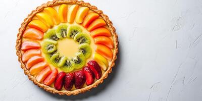Circular tart with custard filling, topped with evenly spaced fruit slices in rows, gastronomy photography photo