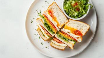 Club sandwich arranged neatly on a white ceramic dish with a small bowl of salad, gastronomy photography photo