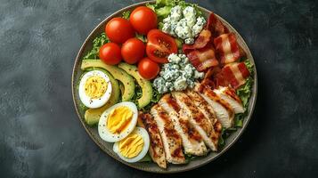 Cobb salad on a plate with rows of chicken, bacon, avocado, eggs, tomatoes, and blue cheese, gastronomy photography photo