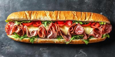Large Italian sub on flat surface, filled with various meats and cheese, photorealistic food photo