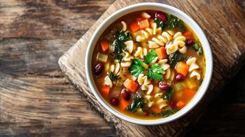 Minestrone soup bowl with broth and visible vegetables, pasta, and beans, photorealistic food photo