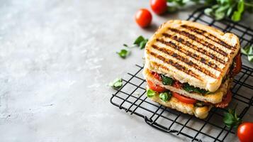 Panini displayed on a wire cooling rack over a kitchen countertop, gastronomy photography photo