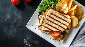 Panini arranged on a square white plate with a side of chips, photorealistic food photo