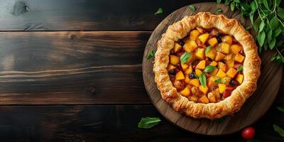 Pastry with a golden crust, filled with cooked fruit, placed on a wooden board, photorealistic food photo