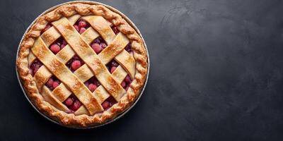 Pie featuring a woven top, filled with a mixture of fruit and baked to completion, gastronomy photography photo