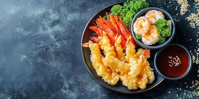 Plate of tempura with vegetables and shrimp, served with a dipping sauce dish, gastronomy photography photo