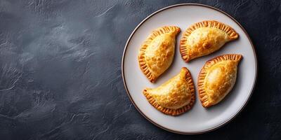 Plate with four beef empanadas arranged in a neat row, photorealistic food photo