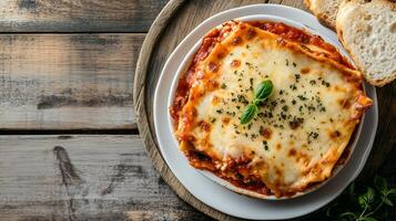 Portion of baked lasagna with layers of pasta, cheese, and sauce, served with bread, gastronomy photography photo