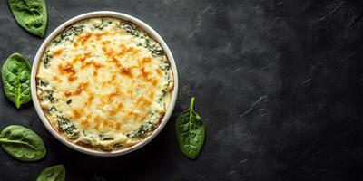Portion of spinach artichoke dip in small ramekin, no extra components or features, gastronomy photography photo