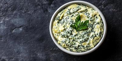 Portion of spinach artichoke dip in small ramekin, no extra components or features, photorealistic food photo