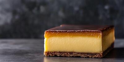 Rectangular dessert with thick creamy filling and shiny glaze on top, photorealistic food photo