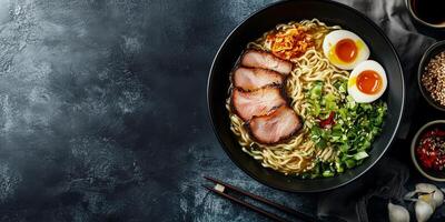 Ramen dish with noodles, meat, and vegetables on a table, photorealistic food photo