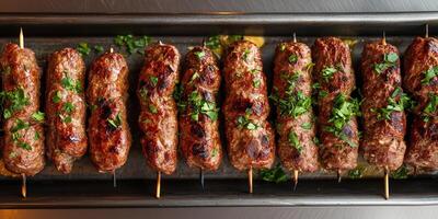 Row of beef kebabs on a metal tray, centered and parallel, photorealistic food photo
