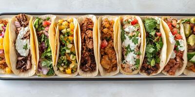 Row of tacos with different fillings, arranged side by side on a rectangular plate, gastronomy photography photo