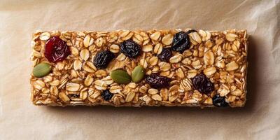 Single granola bar with oats and dried fruit on parchment paper, gastronomy photography photo