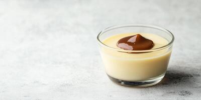 Single portion of pudding served in small glass dish, without toppings, photorealistic food photo