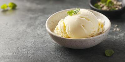 Single scoop of vanilla ice cream in a small dish with smooth, even surface, gastronomy photography photo
