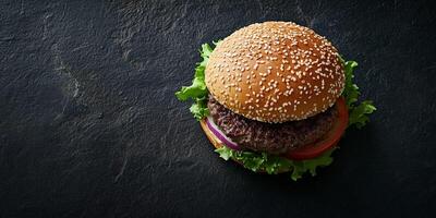 Single small burger with patty and fillings, lying flat on a background, gastronomy photography photo