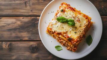 Slice of layered lasagna with pasta, cheese, and sauce, served with garlic bread, gastronomy photography photo