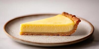 Slice of lemon tart on a plate, showing smooth lemon layer and crisp crust, photorealistic food photo