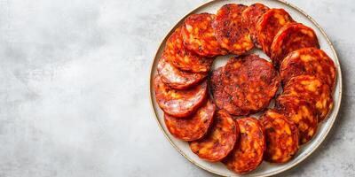 Chorizo slices arranged in a circle on a small serving plate, gastronomy photography photo