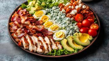 Cobb salad in a shallow dish with rows of chicken, bacon, eggs, avocado, tomatoes, and blue cheese, photorealistic food photo