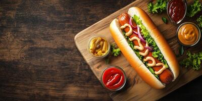Classic hot dog on a bun, placed on a wooden board with condiments, gastronomy photography photo