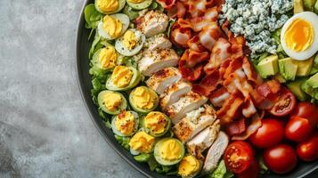 Cobb salad in a dish with rows of chicken, bacon, eggs, avocado, tomatoes, and blue cheese, gastronomy photography photo