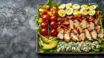 Cobb salad on a square plate with rows of chicken, bacon, eggs, avocado, tomatoes, and blue cheese, gastronomy photography photo