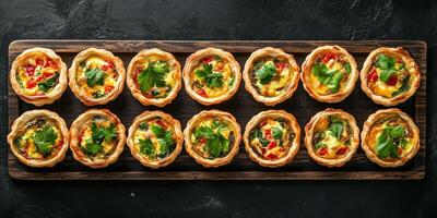 Mini quiches laid out neatly in a row on a long tray, photorealistic food photo