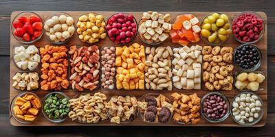 Various bite-sized snacks displayed on a wooden board in organized pattern, photorealistic food photo