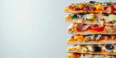Vegetarian pizza slices stacked on top of each other showing different vegetable toppings, gastronomy photography photo