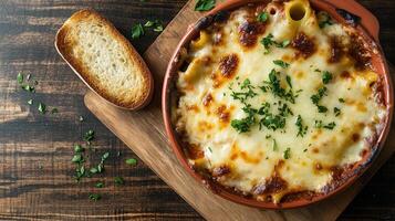 Baked portion of lasagna with pasta, cheese, and sauce, arranged on a plate with bread, meal photography photo