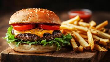 Beef burger with lettuce, tomato, and cheese on a bun with fries, meal photography photo