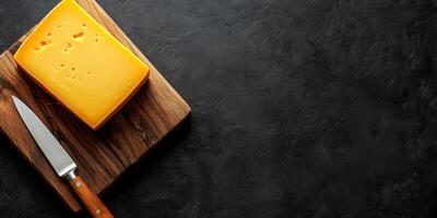 Block of cheddar cheese on cutting board with knife beside it, meal photography photo