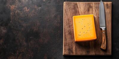 Block of cheddar cheese on a wooden cutting board with a knife beside it, food setting photo