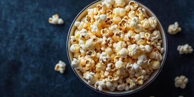 Bowl filled with kettle corn, with individual kernels showing an even coating, food setting photo