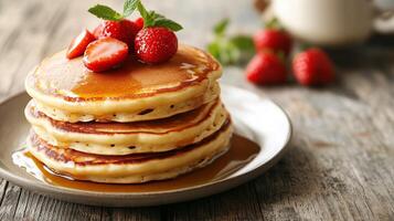 Breakfast plate with a stack of three round buttermilk pancakes, meal photography photo