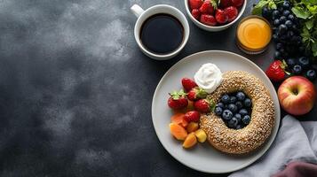 Breakfast setup with a bagel spread with toppings on a circular plate, meal photography photo