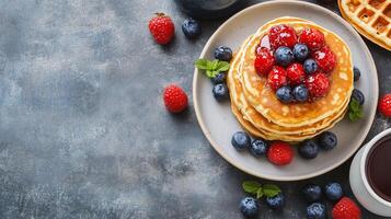 Breakfast spread with pancake stack and waffle stack on separate plates, meal photography photo