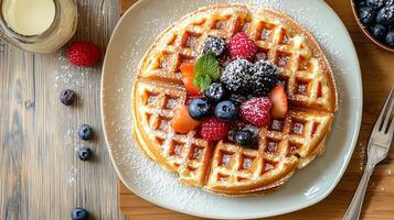 Breakfast table featuring a large Belgian waffle on a square plate, meal photography photo