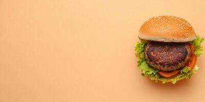 Bun with patty and fillings, placed horizontally on a flat background, meal photography photo