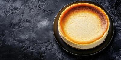 Cheesecake with an even top presented on a flat round plate, meal photography photo