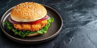 Chicken sandwich on a round plate, positioned in the middle, meal photography photo