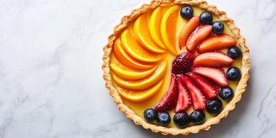 Circular tart with custard filling, topped with evenly spaced fruit slices in rows, meal photography photo