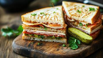 Club sandwich sliced open on a wooden surface with a pickle spear beside it, food setting photo