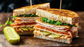 Club sandwich sliced open on a wooden surface with a pickle spear beside it, meal photography photo